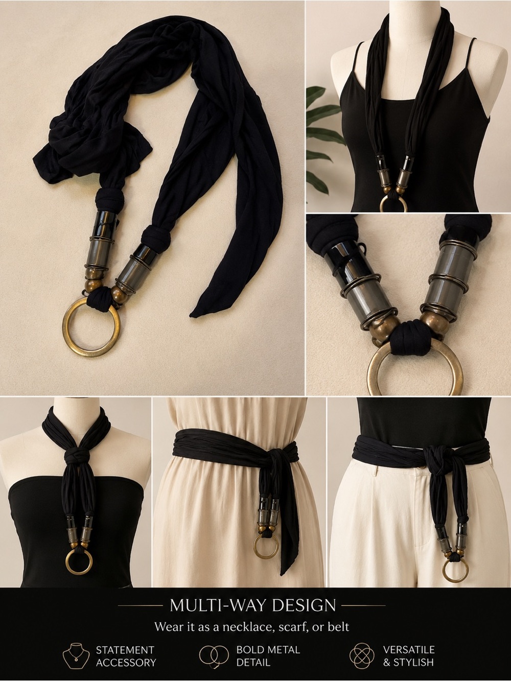 Multi-Way Black Scarf Necklace with Brass Ring